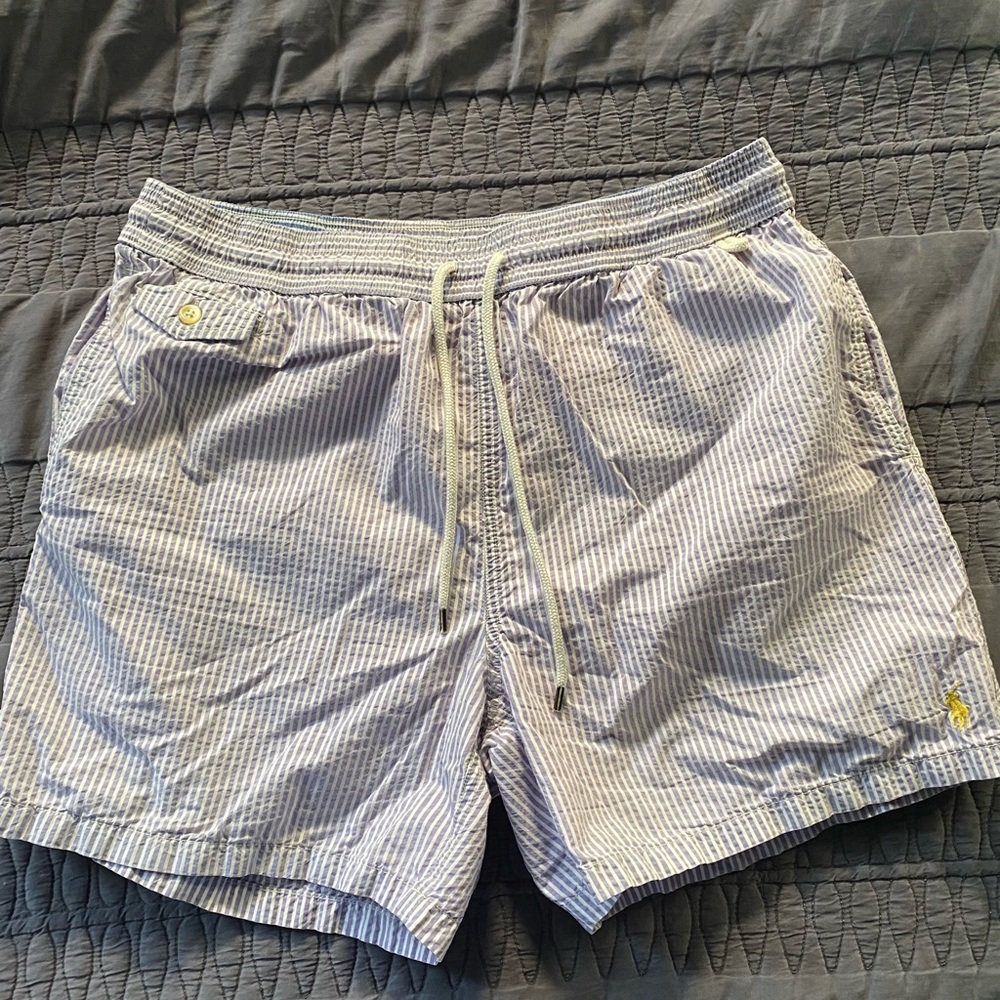 Vintage Polo Ralph Lauren Men's Blue and White Striped Swim Trunks